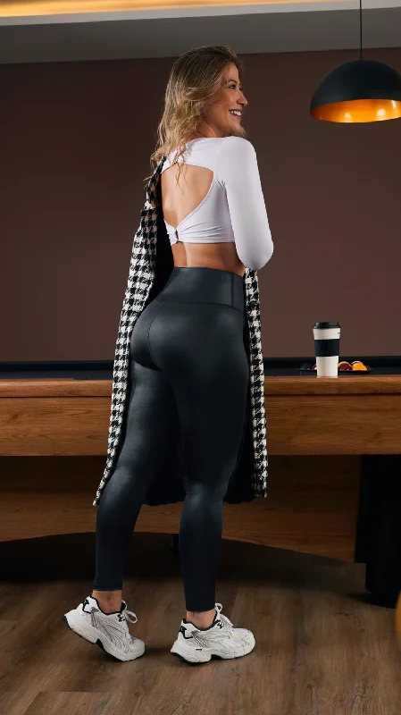 Metallic Black Workout Leggings Trendy Sporty Compression Leggings