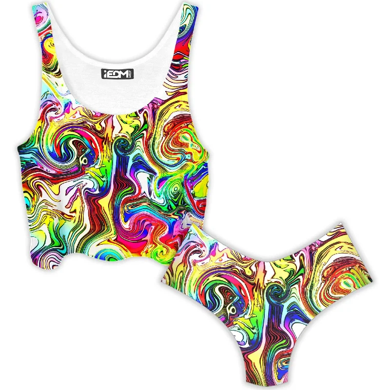 Swirly Gig Crop Top and Booty Shorts Combo Thin Crop Top Open Front Quick Dry