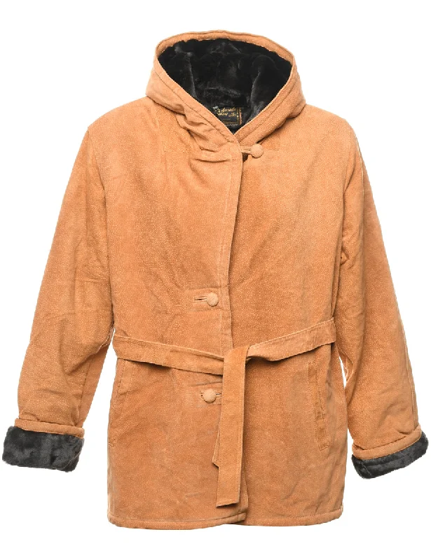 Brown Hooded Coat - L Tweed Herringbone Houndstooth