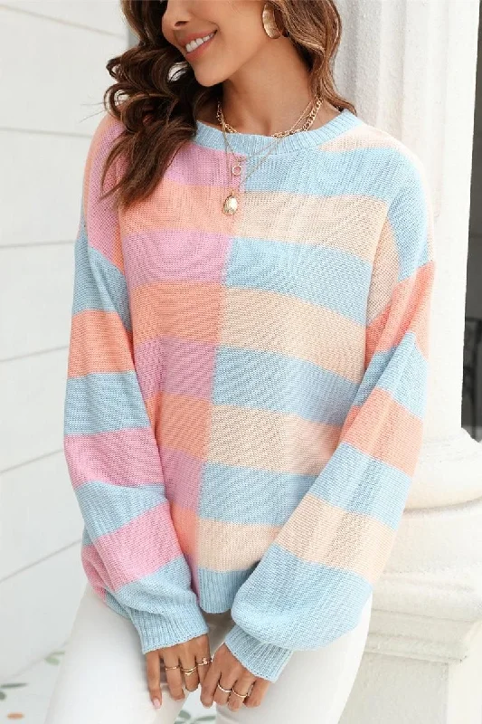 SPLICED STRIPED LOOSE KNIT PULLOVER SWEATER Textured Knit Design