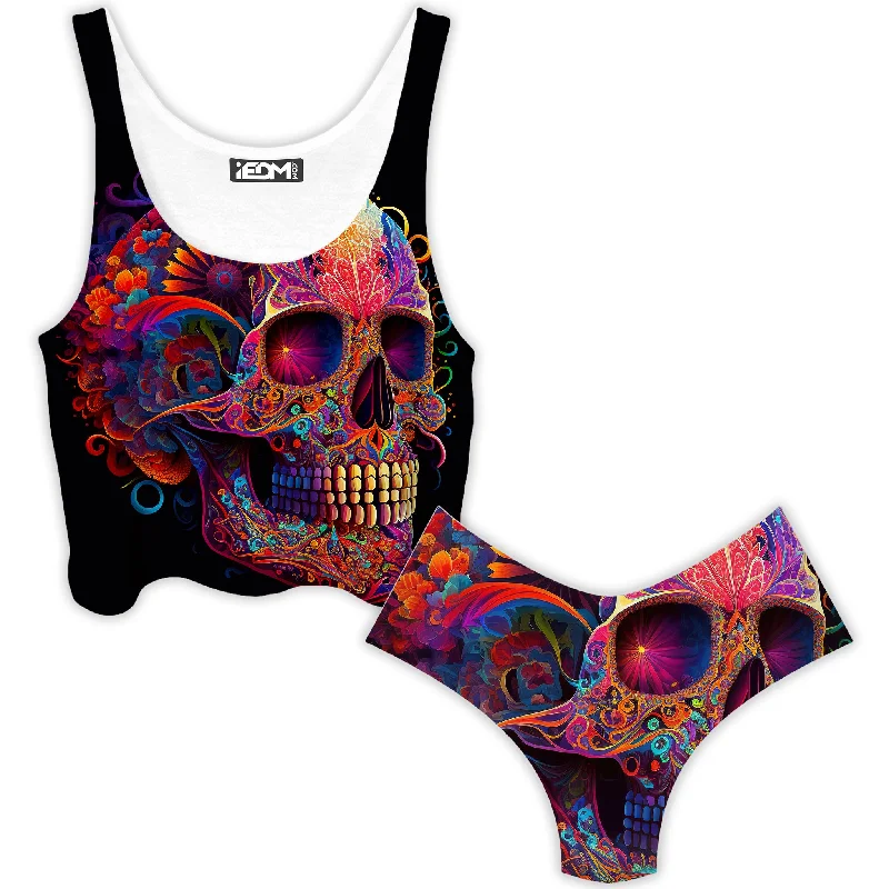DOTD Skull Crop Top and Booty Shorts Combo Satin Blend Silk Blend Wool Blend