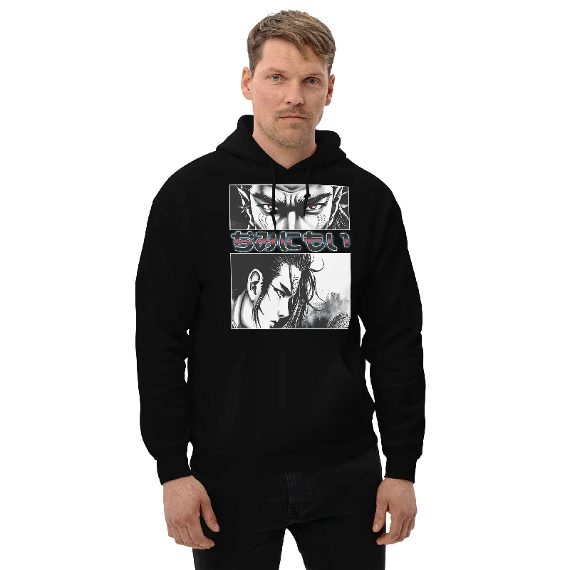 Anime Eyes Japanese Letters Samurai Manga Design Pullover Hoodie Sweatshirt Wrist Length Sleeve