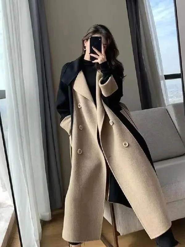 Winter Women's Cold Coat New Autumn Winter Color Block Senior Wool Coats Turn-down Collar Temperament Trench Coat Female Denim Leather Suede Winter Women's Cold Coat New Autumn Winter Color Block Senior Wool Coats Turn-down Collar Temperament Trench Coat Female Denim Leather Suede