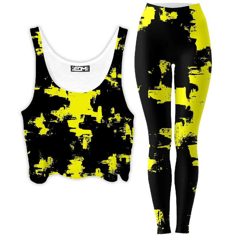 Black and Yellow Abstract Crop Top and Leggings Combo Cashmere Blend Cotton Blend Poly Blend Black and Yellow Abstract Crop Top and Leggings Combo Cashmere Blend Cotton Blend Poly Blend