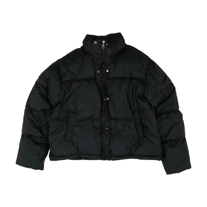 Black Solid Puffer Coat Denim Leather Suede