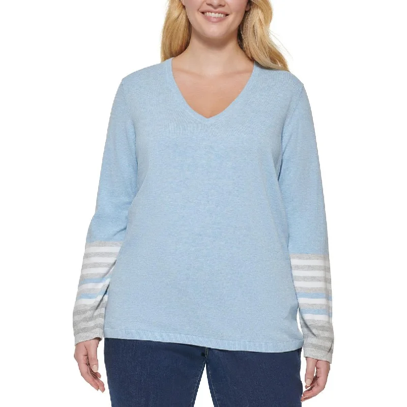 Tommy Hilfiger Womens Plus V-Neck Striped Pullover Sweater Notched Neck Pullover