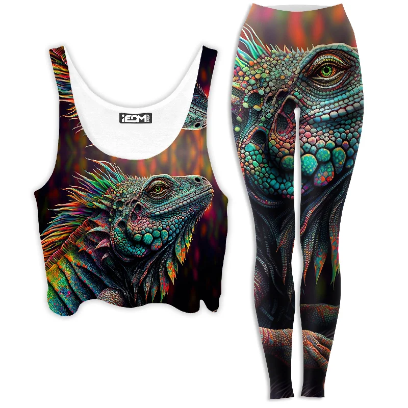 Psychedelic Giant Iguana 2.0 Crop Top and Leggings Combo Sequined Glittery Shiny