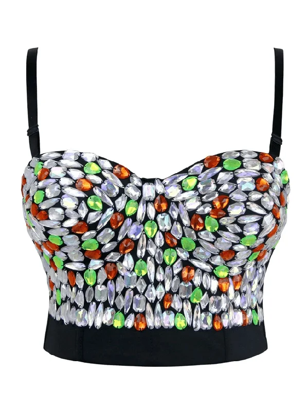 Women's Spaghetti Straps Rhinestone Beaded Push Up Bra Studded Gem Clubwear Party Bustier Crop Top Polka Dot Checkered Tartan