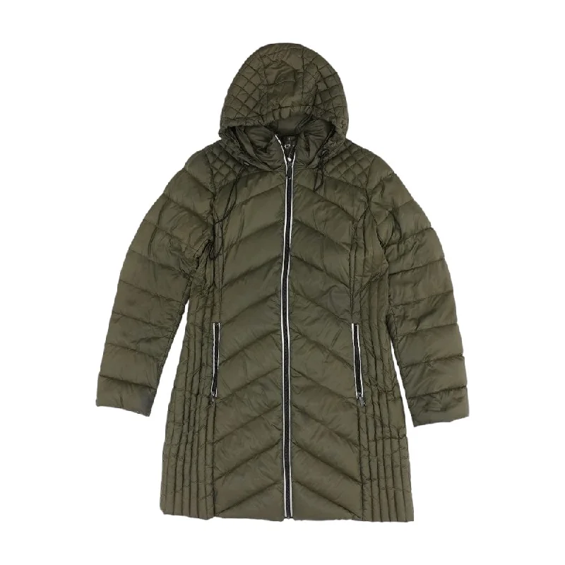 Green Solid Puffer Coat Elasticated Drawstring Belted