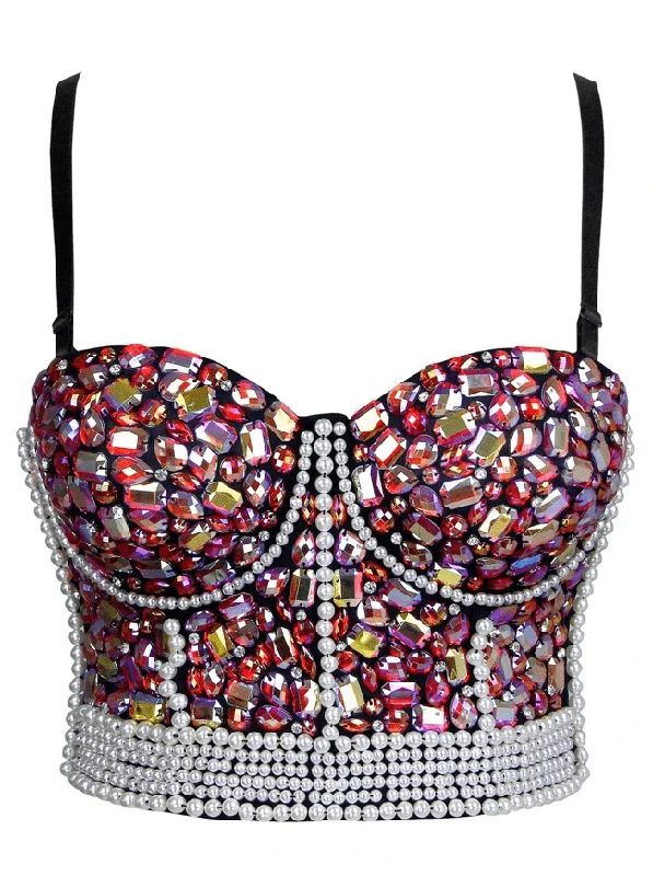 Women's Colorful Rhinestone Beaded Push Up Clubwear Bustier Crop Top Bra Solid Print Embellished Women's Colorful Rhinestone Beaded Push Up Clubwear Bustier Crop Top Bra Solid Print Embellished
