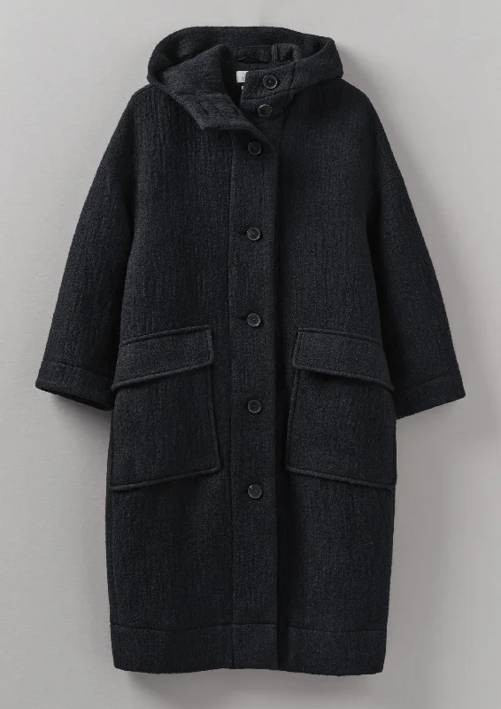 Navy Wool Hooded Coat | Dark Navy Peter Pan Collar Cowl Neck Turtleneck