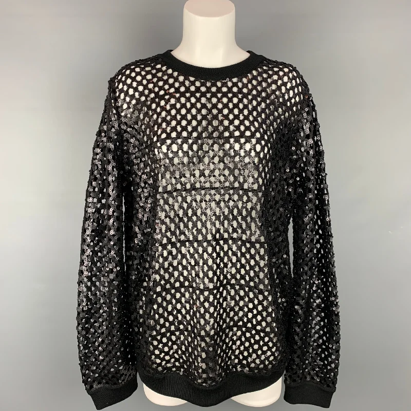 TORY BURCH Size L Black See Through Sequined Mesh Crew-Neck Pullover Notched Neck Pullover
