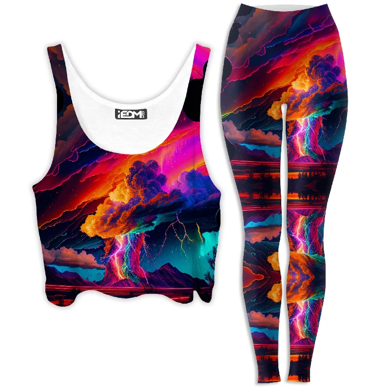 Rainbow Storm Crop Top and Leggings Combo Collared Crew Neck Turtle Neck