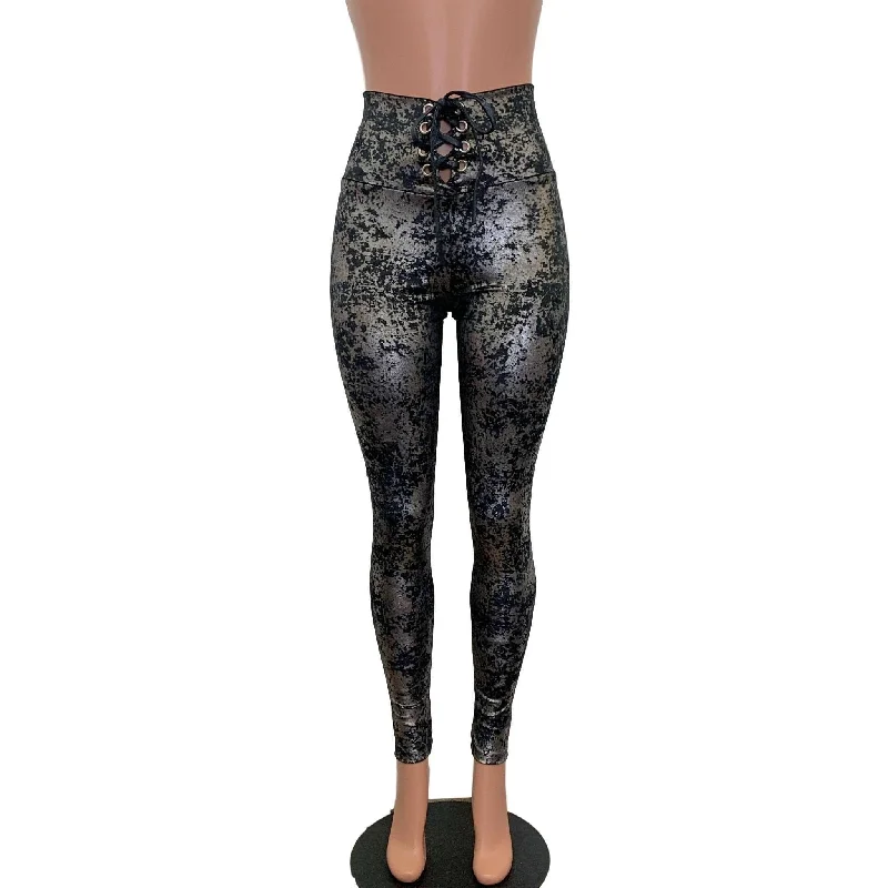 Lace-Up High Waist Leggings - Gunmetal on Black Gilded Velvet Stylish Everyday Leggings Lace-Up High Waist Leggings - Gunmetal on Black Gilded Velvet Stylish Everyday Leggings
