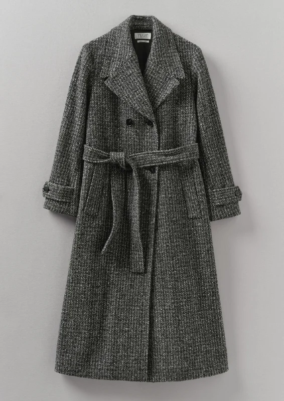 Wool Herringbone Belted Coat | Grey Melange Off-the-Shoulder Jacket Double-Breasted Coat Single-Breasted Coat