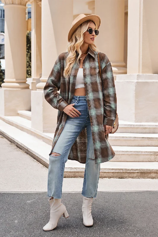 Mandy Plaid Collared Neck Long Sleeve Coat Rayon Velvet Corduroy