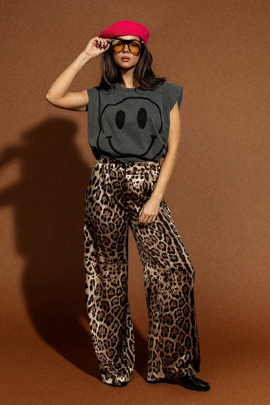 Wide Leg Satin Trousers in Here Kitty Kitty Leopard Trousers Denim Distressed