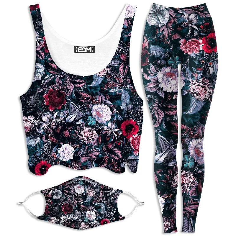 Blue Garden Crop Top and Leggings with PM 2.5 Face Mask Combo Knit Fabric Woven Fabric Fleece Fabric