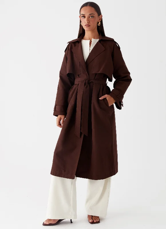 Rent Free Trench Coat - Chocolate Peter Pan Collar Cowl Neck Turtleneck