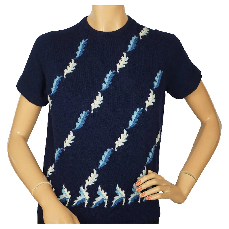 Vintage 1960s Blue Cashmere Pullover Sweater with Oak Leaf Pattern Ladies M Port Neck Pullover