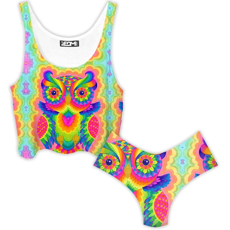 Cosmic Owl Crop Top and Booty Shorts Combo Boxy Fit Fitted Loose