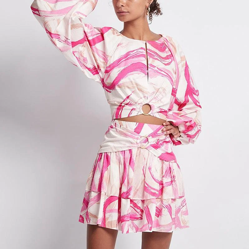 KittenAlarm - Callie Ring Linked Crop Top & Pleated Hem Mini Skirt Set Mesh Blend Leather Blend Suede Blend KittenAlarm - Callie Ring Linked Crop Top & Pleated Hem Mini Skirt Set Mesh Blend Leather Blend Suede Blend