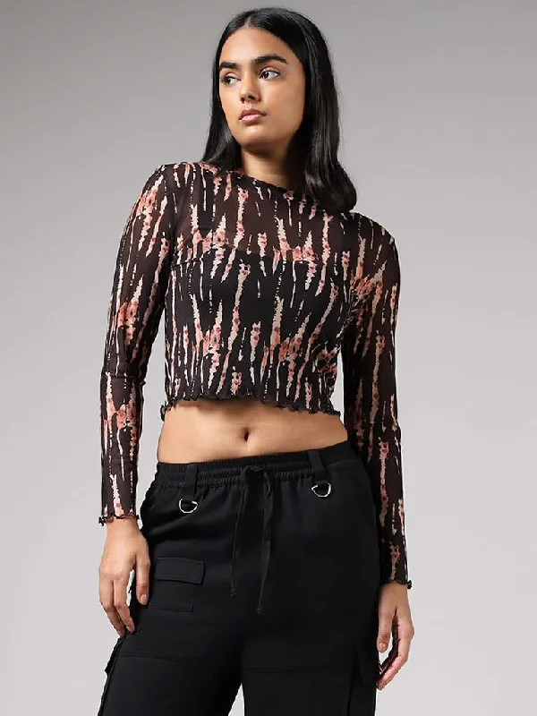 Nuon Black Abstract Printed Mesh Crop Top Houndstooth Herringbone Solid