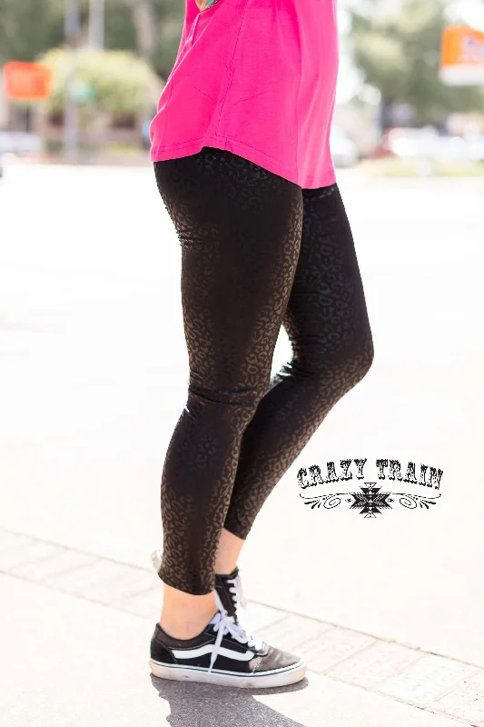 CrazyTrain Blk Leopard Leggings Trendy Leather-Look Workout Leggings