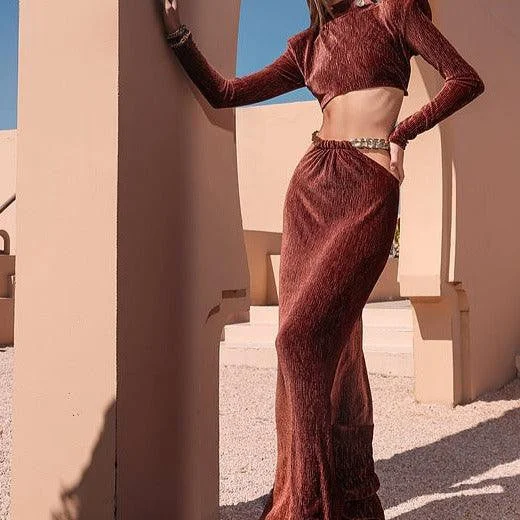 KittenAlarm - Etta Long Sleeve High Neck Crop Top & Chain Embellished Long Skirt Notch Collar Peter Pan Collar Cowl Neck KittenAlarm - Etta Long Sleeve High Neck Crop Top & Chain Embellished Long Skirt Notch Collar Peter Pan Collar Cowl Neck