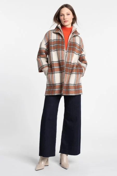 Kinross Cashmere Plaid Knit Insert Coat Bomber Denim Leather