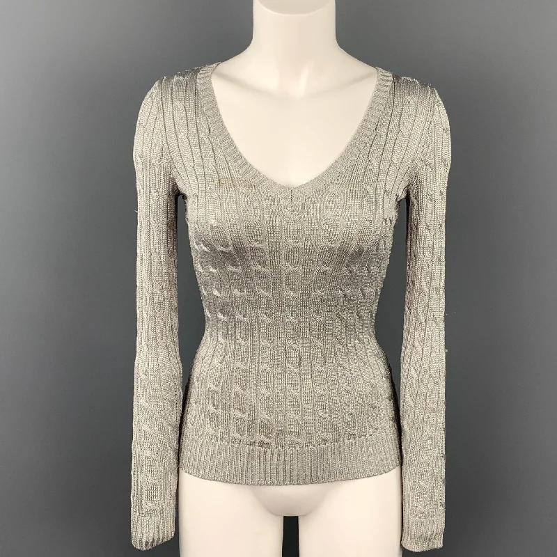 RALPH LAUREN Black Label Size XS Silver Silk Blend Pullover Sweater Lantern Sleeve Elegant