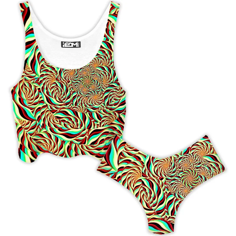 Horizon Trippy Crop Top and Booty Shorts Combo Hooded Caped Shawl Collar