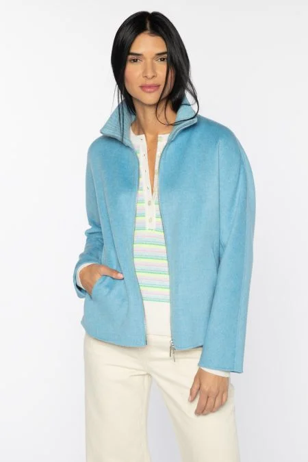 Kinross Cashmere Knit Detail Short Zip Mock Coat Blouse Shirt Tunic