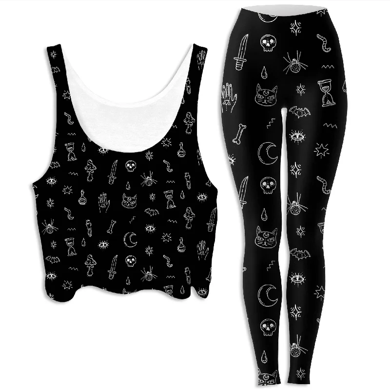 Black Pattern Crop Top and Leggings Combo Chenille Brocade Lace
