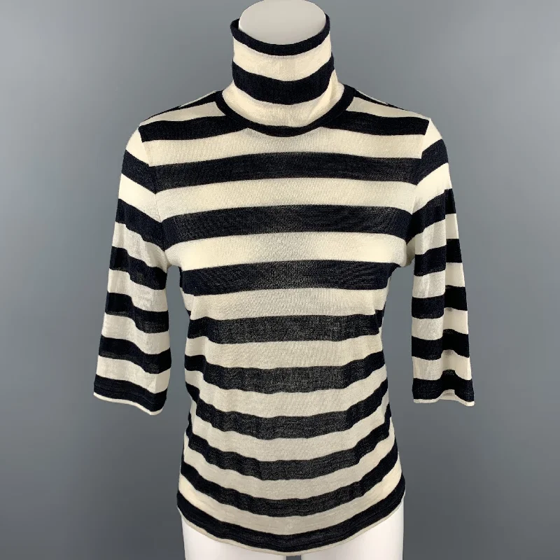 MAX MARA Size L Black & White Knitted Stripe Turtleneck Pullover Faux Fur Trim