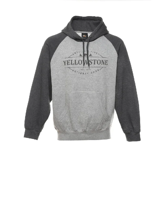 Grey Printed Yellowstone Hoodie - L Hoodie with Slit Hem Functional Movement