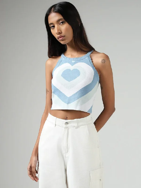 Nuon Light Blue Heart Printed Cotton Crop Top Terry Blend Velvet Blend Canvas Blend