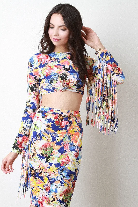Neon Floral Fringe Sleeves Crop Top Satin Blend Silk Blend Wool Blend
