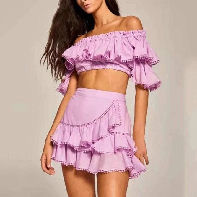 KittenAlarm - Remi Shirred Off Shoulder Crop Top & Ruffle Skirt Set Jersey Fabric Tulle Fabric Batik Fabric KittenAlarm - Remi Shirred Off Shoulder Crop Top & Ruffle Skirt Set Jersey Fabric Tulle Fabric Batik Fabric