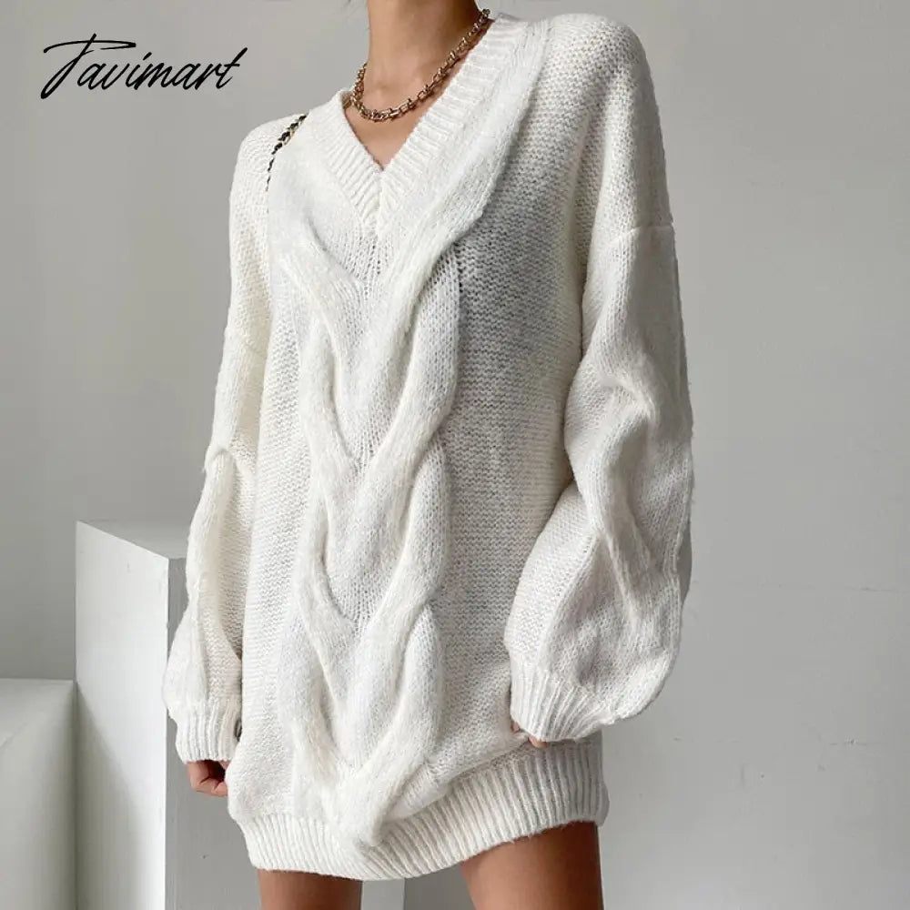 Tavimart Casual Women Knitted Oversized White Playsuit V Neck Sexy Elegant Sweater Dresses Autumn Winter Mini Pullover Jumper Top Bateau Neck Pullover