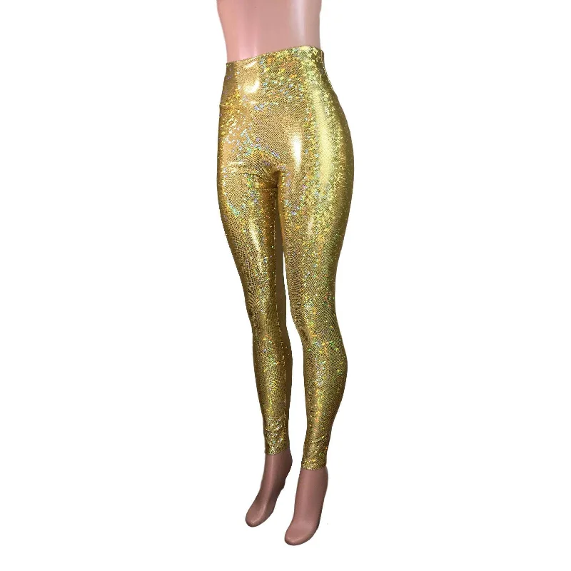 High Waist Leggings - Gold Shattered Glass Holographic Pants Cozy Yoga Compression Leggings