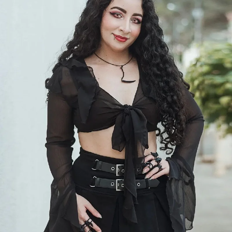 Women's Gothic Strappy Toned Horn Sleeved Mesh Crop Top Machine Wash Dry Clean Hand Wash
