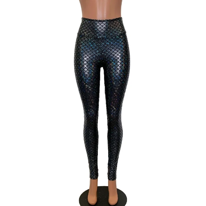 Mermaid Leggings - Black Holographic High Waist Pants Trendy Tie-Dye Leggings
