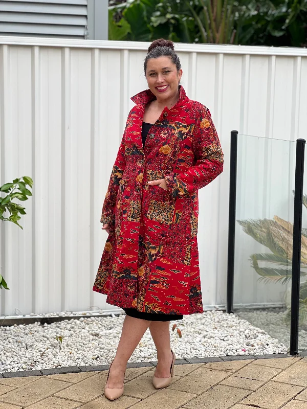Lorelai Red Abstract Fleece Coat Hooded Jacket Zipper Jacket Button Jacket