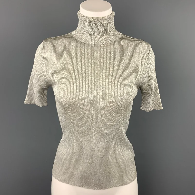 EVENEMENT Size M Silver Knitted Ribbed Viscose / Polyester Tutrleneck Pullover Kimono Neck Pullover