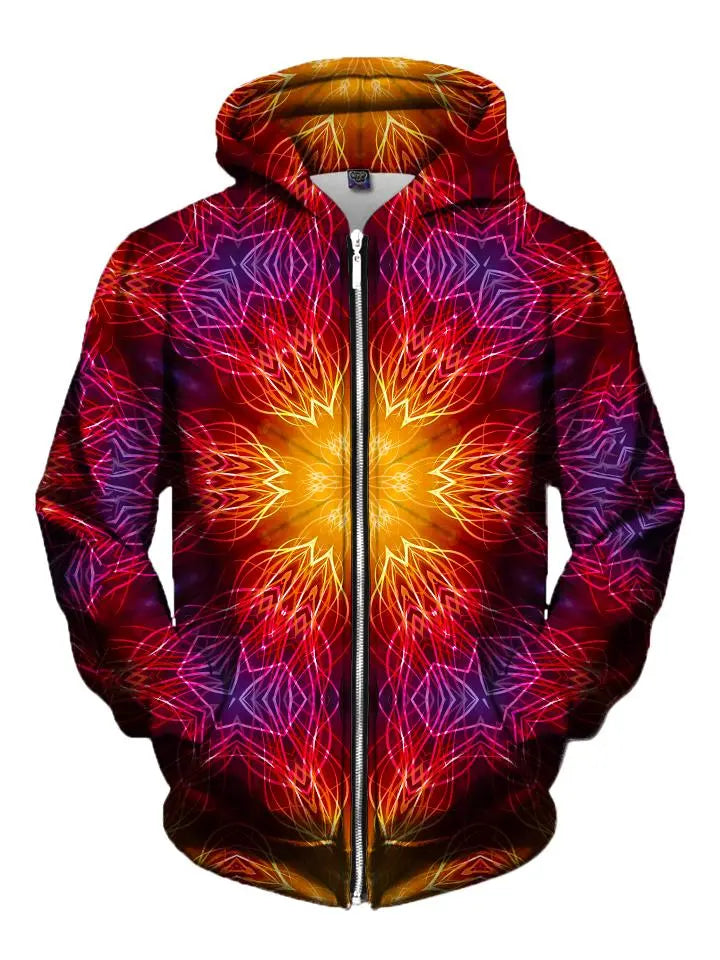Mandala Madness Electric Fire Zip-Up Hoodie Hoodie with Hem Detail Decorative Unique Mandala Madness Electric Fire Zip-Up Hoodie Hoodie with Hem Detail Decorative Unique