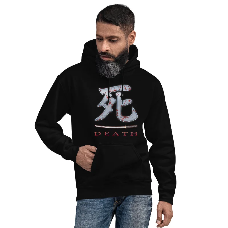 Death Japanese Kanji Character Bloody Samurai Sword Pullover Hoodie Sweatshirt Bateau Neck Pullover