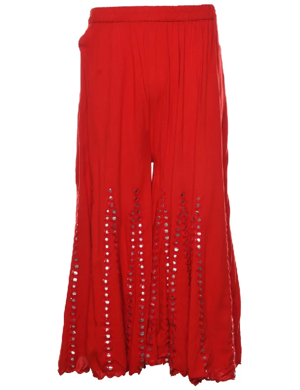 Red Mirror Detail Palazzo Trousers - W26 L21 Trousers Low Rise Relaxed