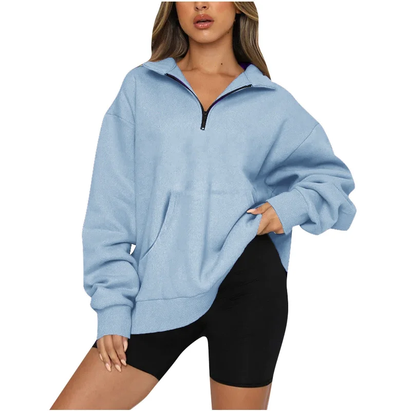 Women's New Pocket Top Half Zipper Pullover Long Sleeve Sweatshirt Sweater Solo Sleeve Pullover