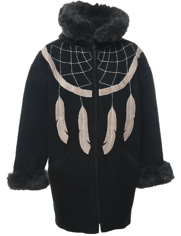 Hooded Dream Catcher Design Faux Fur Trim Wool Coat - XL Pleated Ruffled tiered